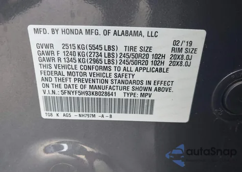 2019 Honda Pilot Touring z USA, uszkodzony, nr VIN 5FNYF5H93KB028641